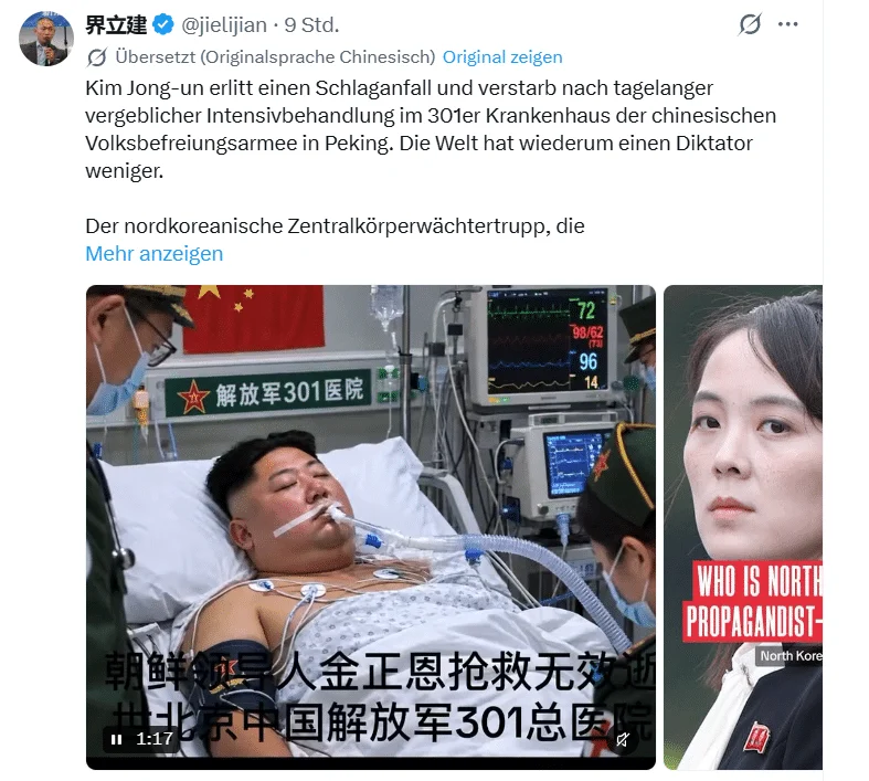 X-Beitrag mit einer Todesbehauptung und einem Bild, das Kim Jong-un im Krankenbett darstellen soll.