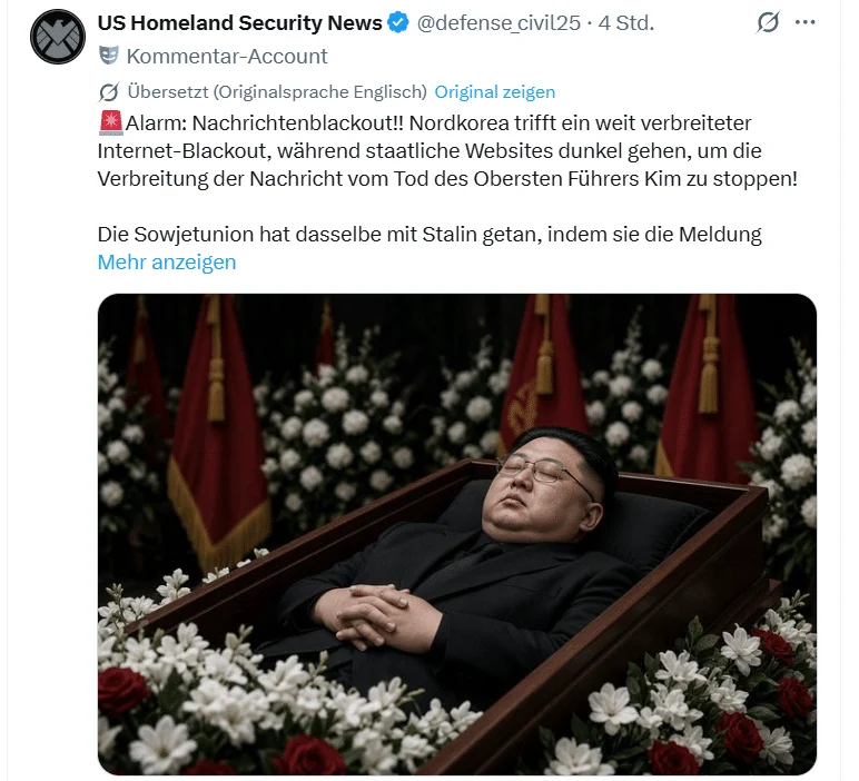 X-Beitrag eines als Kommentar-Account gekennzeichneten Profils mit Blackout-Behauptung und einem vermeintlichen Sargbild.