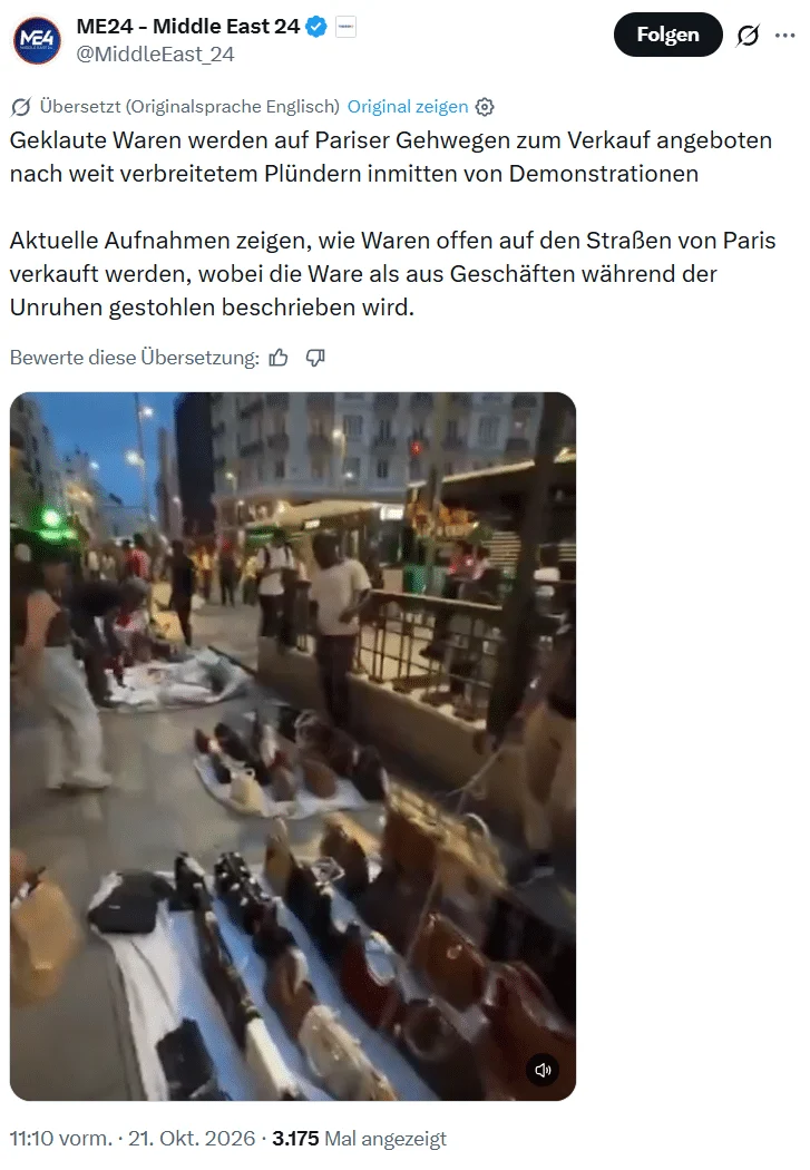 Zweiter Ausschnitt des X-Beitrags mit auf Tüchern angebotenen Taschen neben einem Geländer