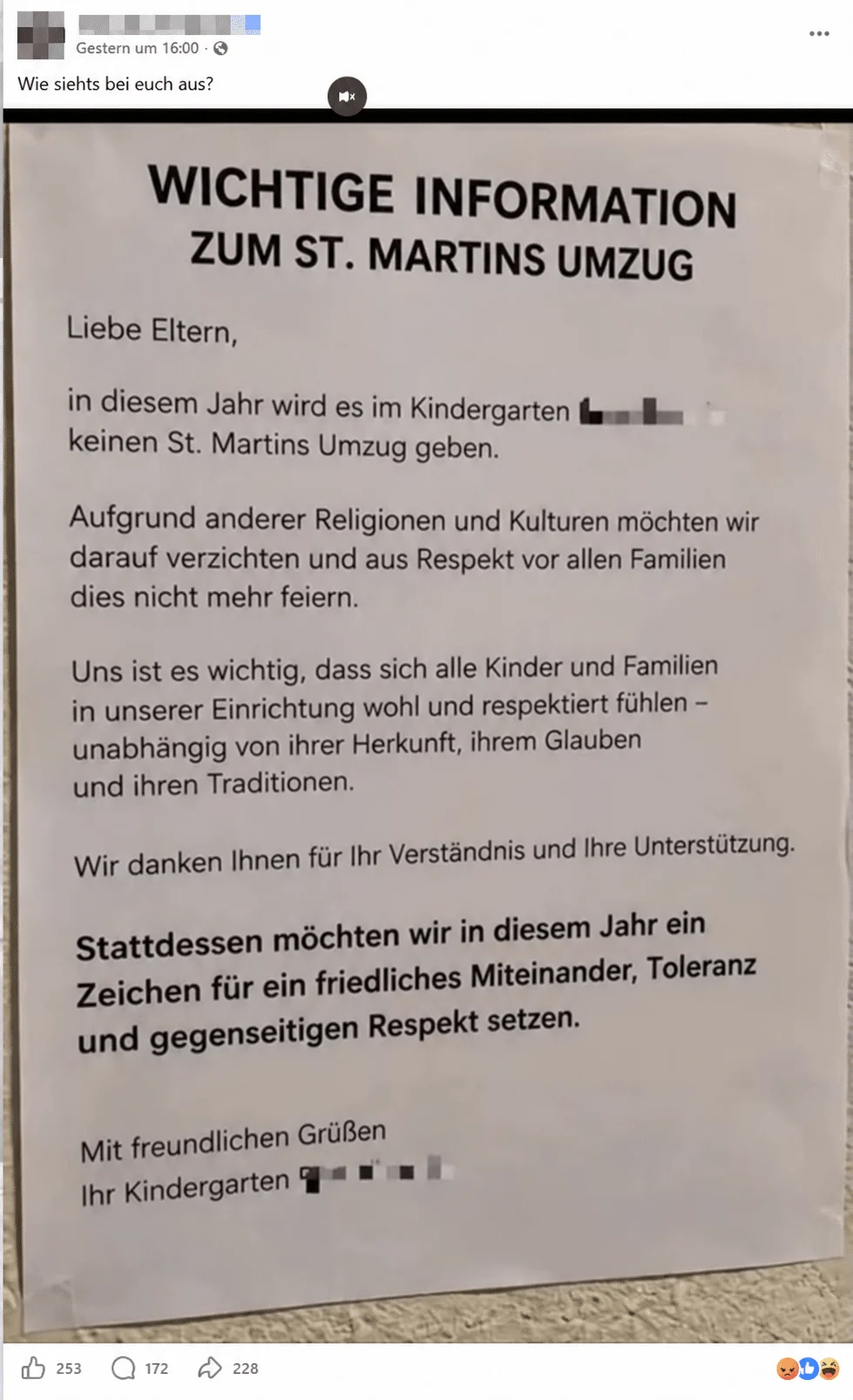 Facebook-Beitrag mit angeblicher Absage eines Martinsumzugs und unkenntlich gemachtem Kindergarten