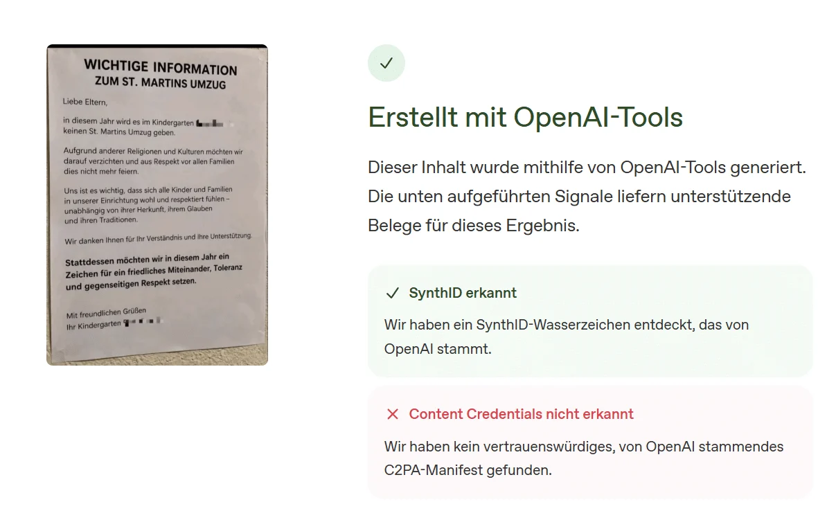 Prüfergebnis mit den Angaben Erstellt mit OpenAI-Tools und SynthID erkannt