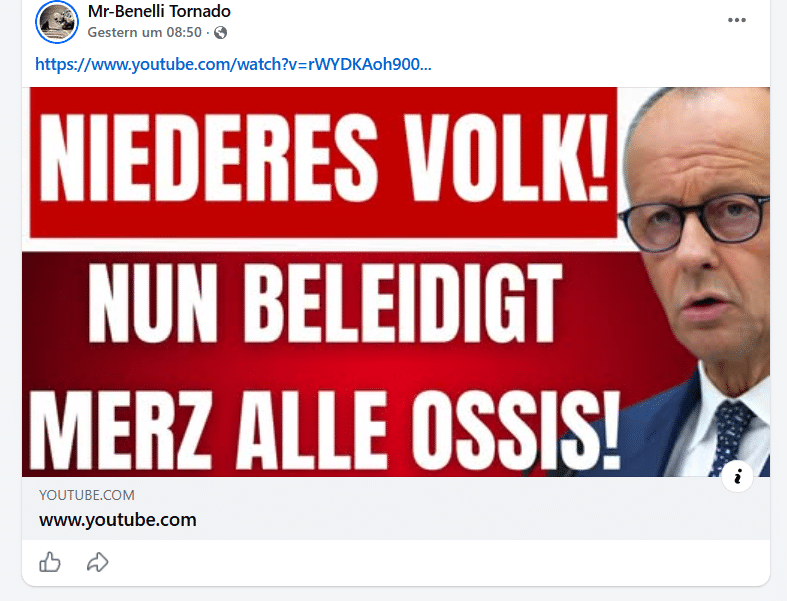 Facebook-Beitrag mit einer YouTube-Vorschau, die Merz eine Beleidigung aller Ostdeutschen zuschreibt