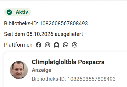 Aktive Meta-Anzeige mit Bibliotheks-ID 1082608567808493, ausgeliefert seit 5. Oktober 2026 auf mehreren Meta-Plattformen