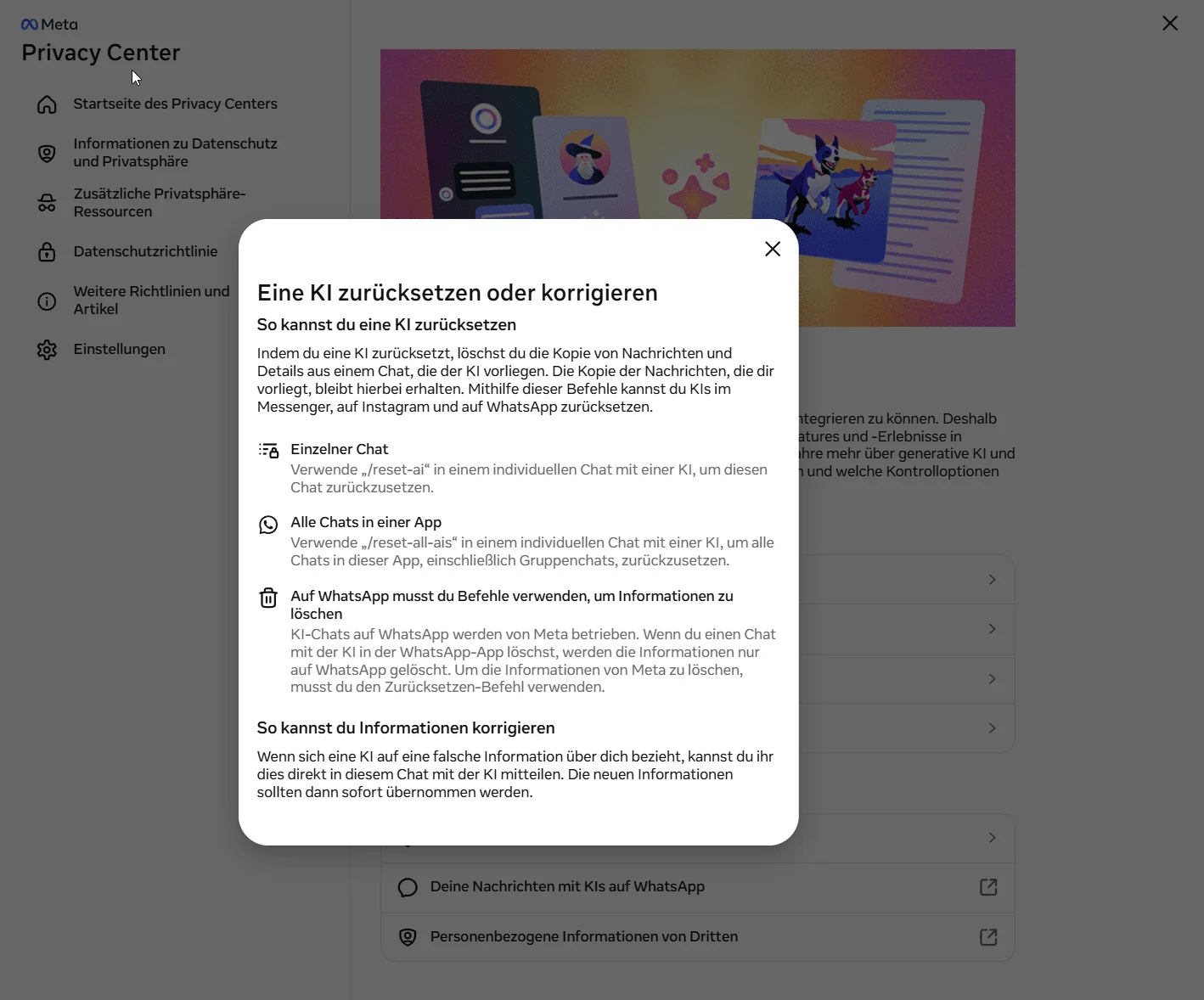 Meta Privacy Center erklärt die Befehle /reset-ai und /reset-all-ais sowie den Unterschied zwischen der KI-Kopie und der eigenen Nachrichtenkopie.