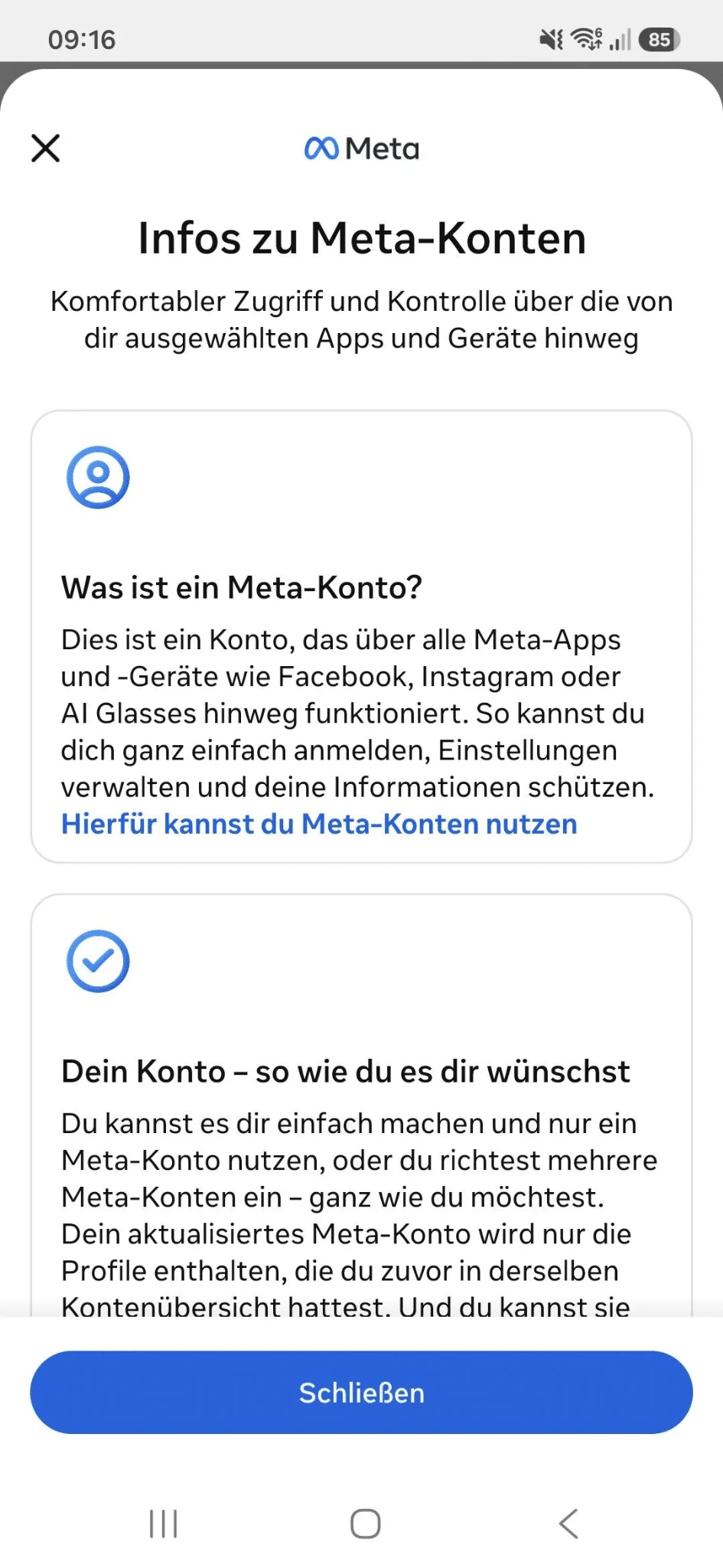 Vorgelegter Screenshot mit dem Titel Infos zu Meta-Konten und Erläuterungen zur gemeinsamen Kontoverwaltung
