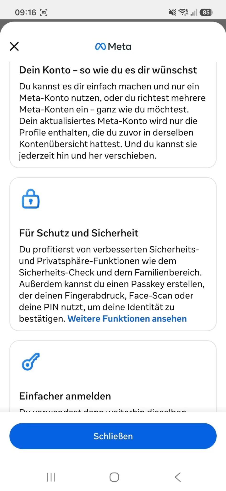 Zweiter vorgelegter Screenshot mit Informationen zur Profilverwaltung, zu Passkeys und zur Anmeldung beim Meta-Konto