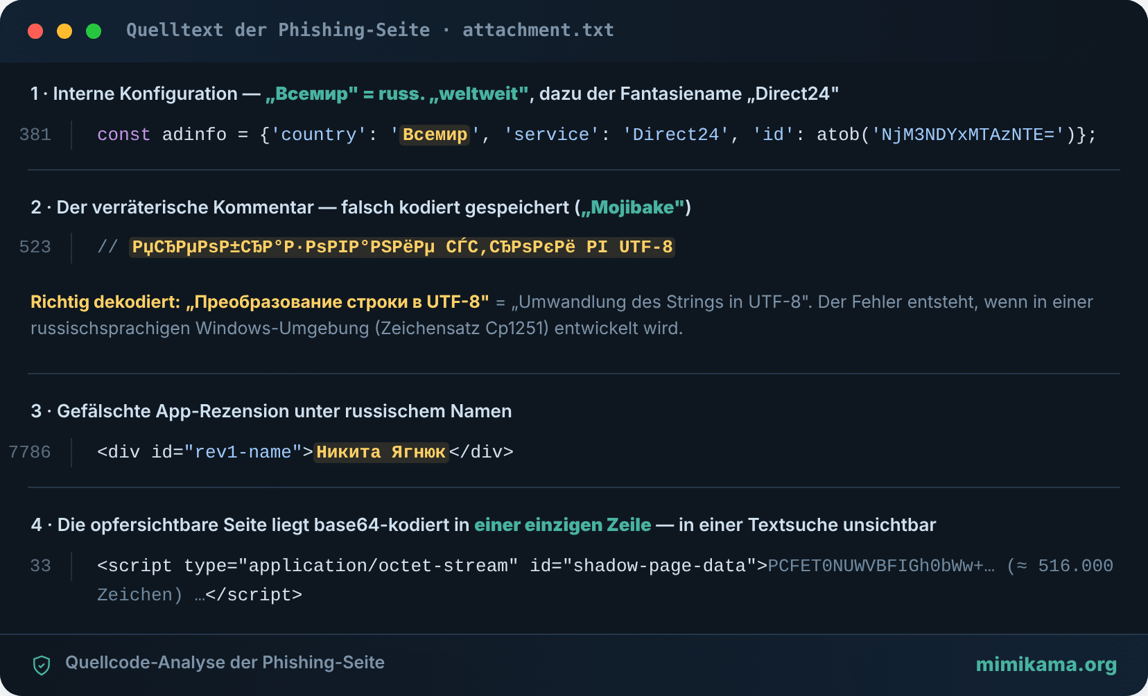 Vier Code-Zeilen der Phishing-Seite mit russischsprachigen Spuren und Zeilennummern, analysiert von mimikama.org