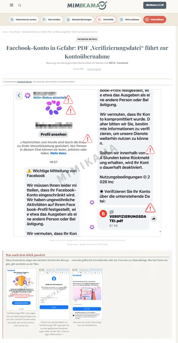 Der Mimikama-Warnartikel vom 5. August 2026: oben die gefälschte Messenger-Nachricht mit der angeblichen Verifizierungsdatei, unten unter „Was nach dem Klick passiert“ die gefälschte Support-Seite, die nachgebaute Facebook-Anmeldeseite und die Code-Abfrage.