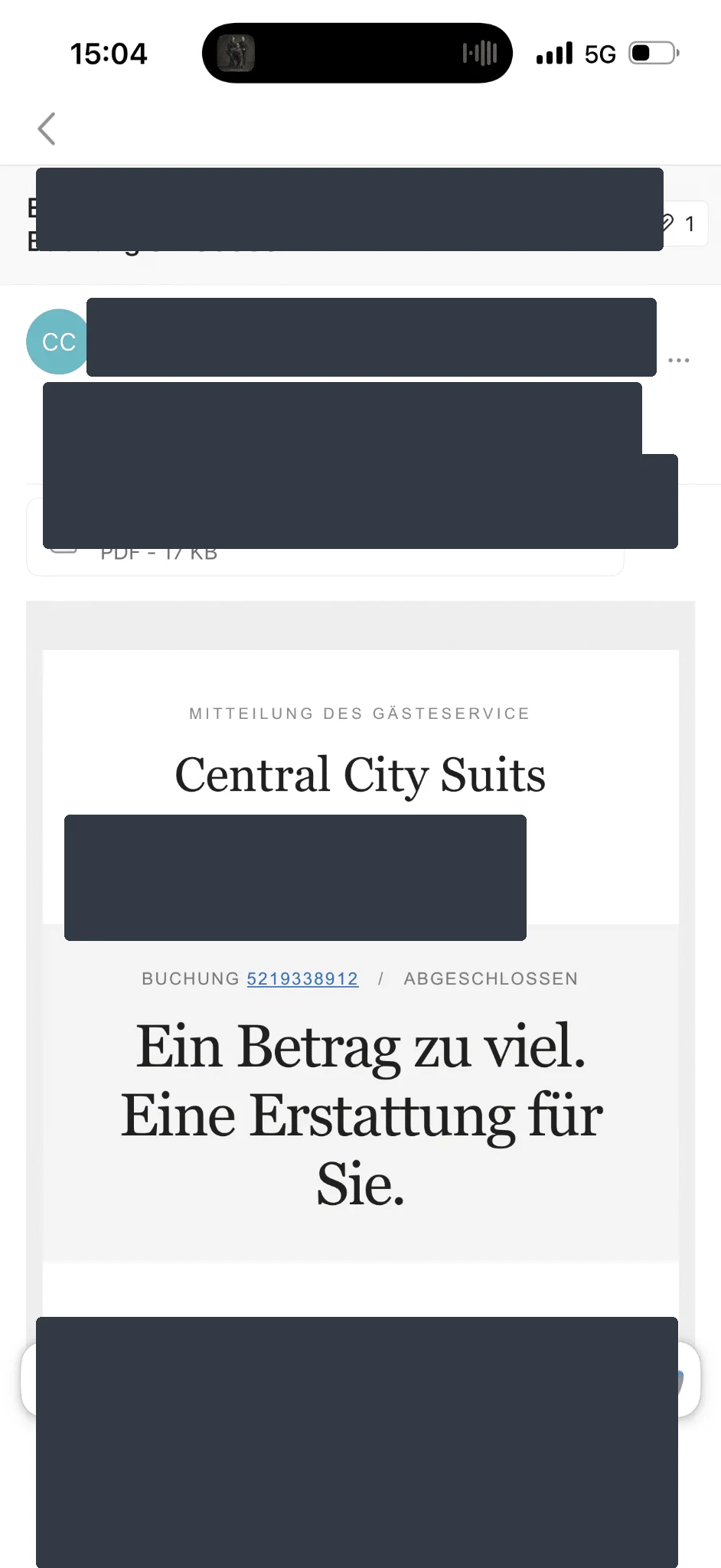 Anonymisierter Screenshot der angeblichen Hotelrückerstattung