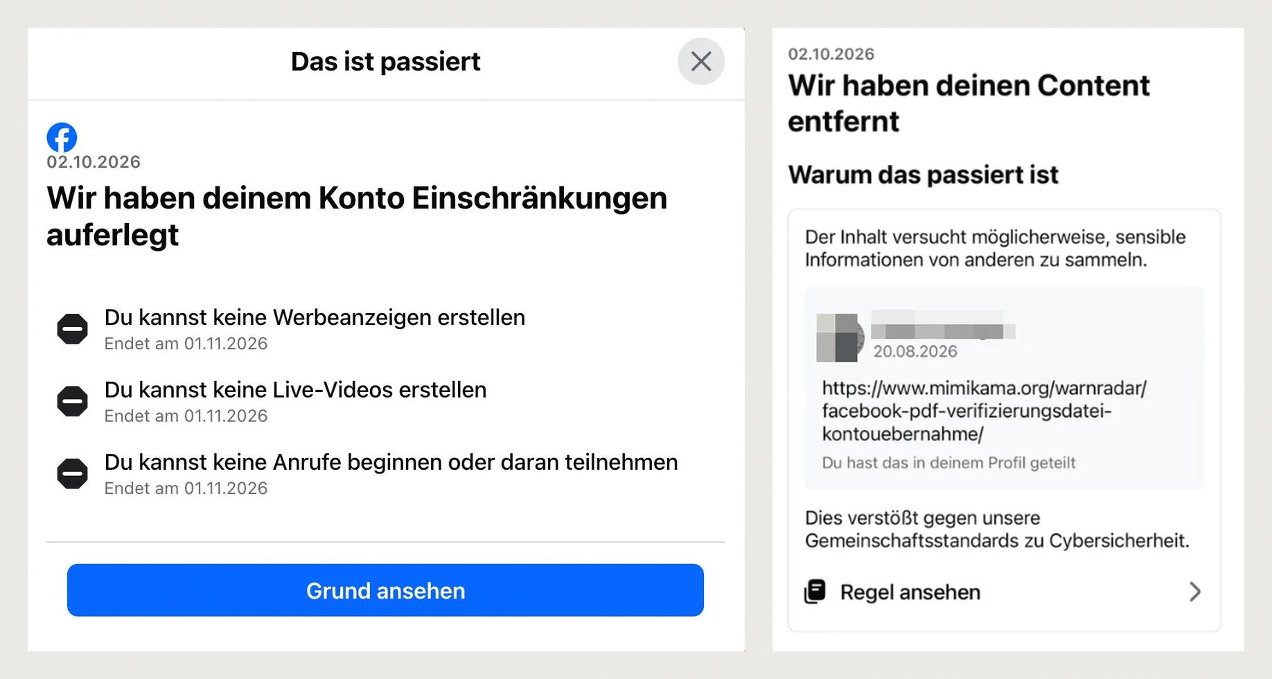 Facebook-Mitteilungen vom 2. Oktober 2026: Kontoeinschränkungen bis 1. November und Entfernung des geteilten Mimikama-Warnartikels wegen angeblichen Sammelns sensibler Informationen
