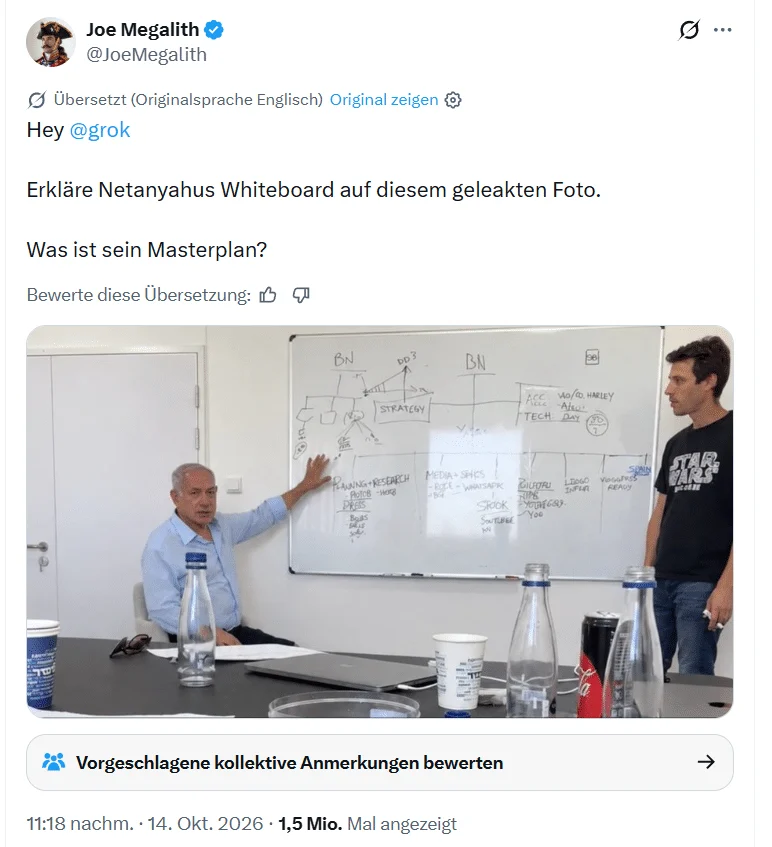 X-Beitrag von Joe Megalith mit dem angeblich geleakten Netanyahu-Foto und dem Wort SPAIN auf der Tafel.