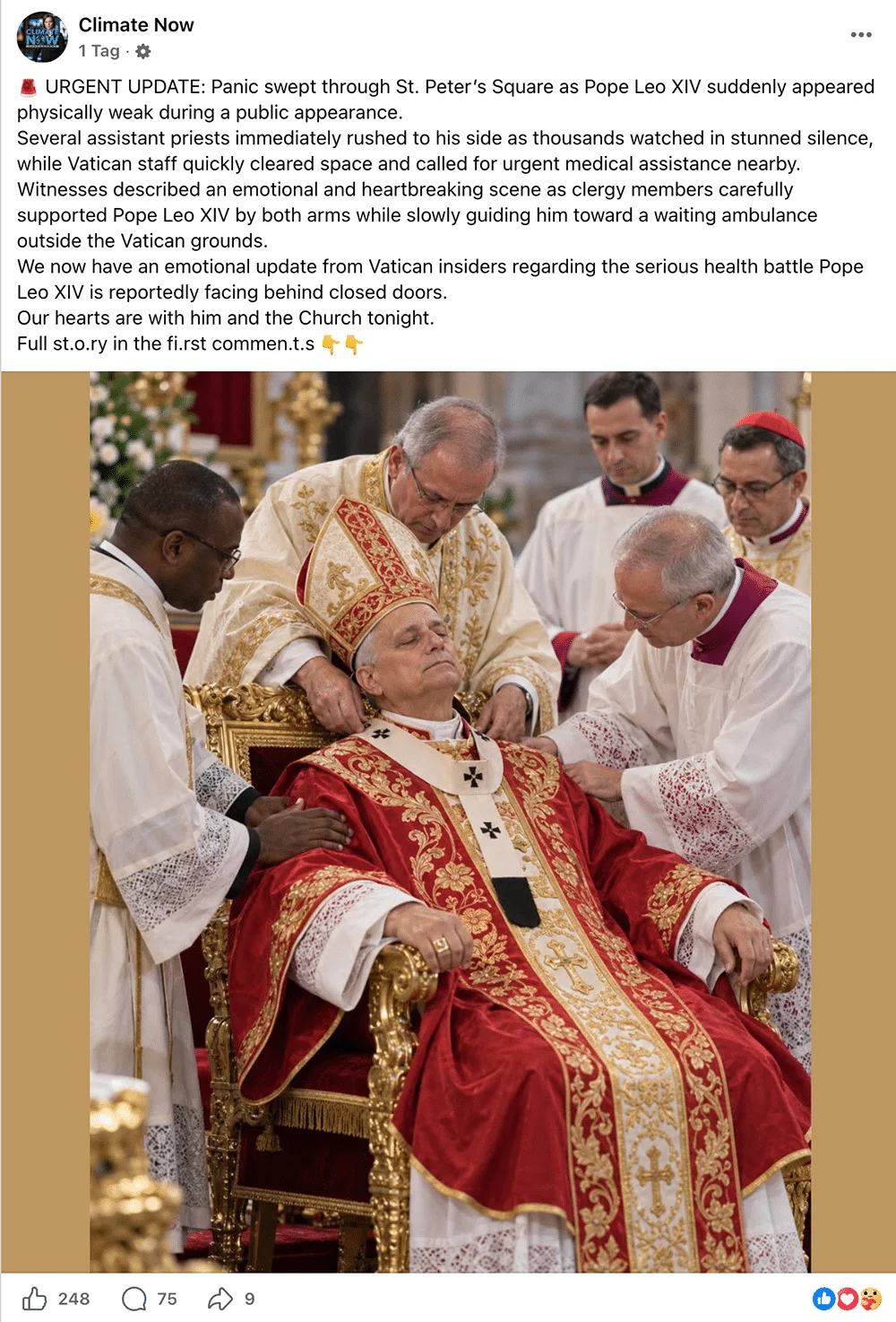 Facebook-Beitrag von Climate Now mit einem KI-generierten Bild einer angeblichen Notfallszene um Papst Leo XIV.