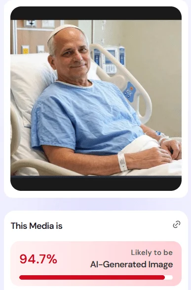 Prüfauswertung des Bildes im Patientenhemd mit 94,7 Prozent für KI-generiertes Bild