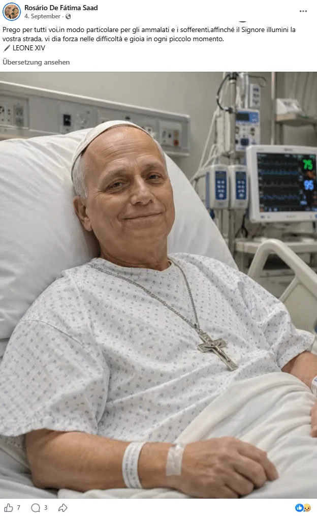 Facebook-Beitrag mit KI-generiertem Krankenhausbild des Papstes in gemustertem Patientenhemd und mit Brustkreuz