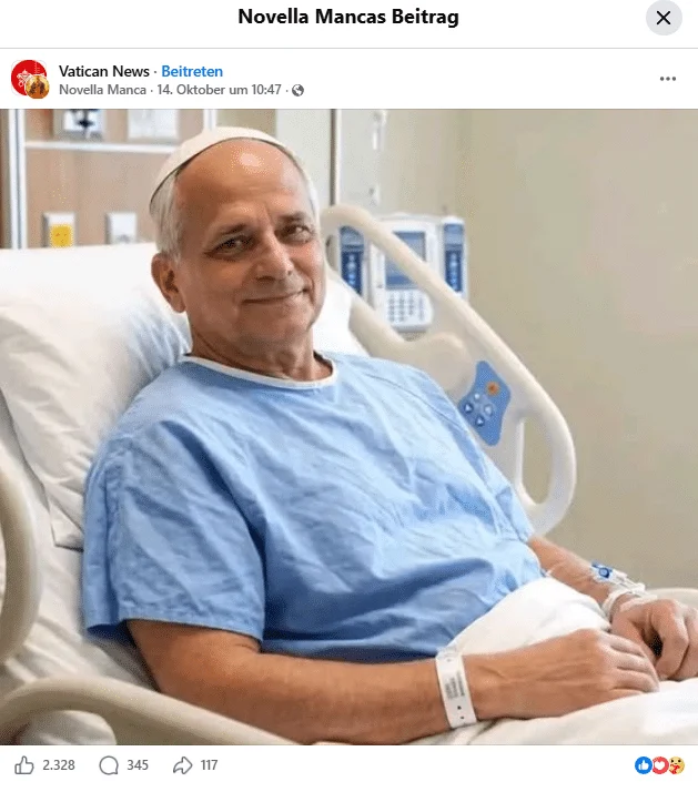 Facebook-Beitrag mit dem als KI-Fake geprüften Bild von Papst Leo XIV. im blauen Patientenhemd
