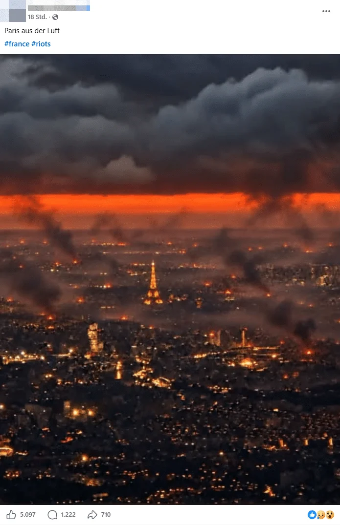Anonymisierter Facebook-Beitrag mit dem Text Paris aus der Luft und einer Darstellung zahlreicher Brände in Paris