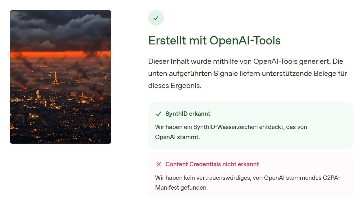 Deutsches Prüfergebnis zum Paris-Motiv: Erstellt mit OpenAI-Tools, SynthID erkannt, Content Credentials nicht erkannt