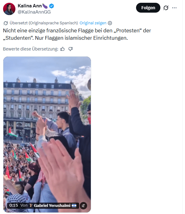 X-Beitrag mit einem Video einer Menschenmenge und der Behauptung, es zeige Studentenproteste ohne französische Flaggen