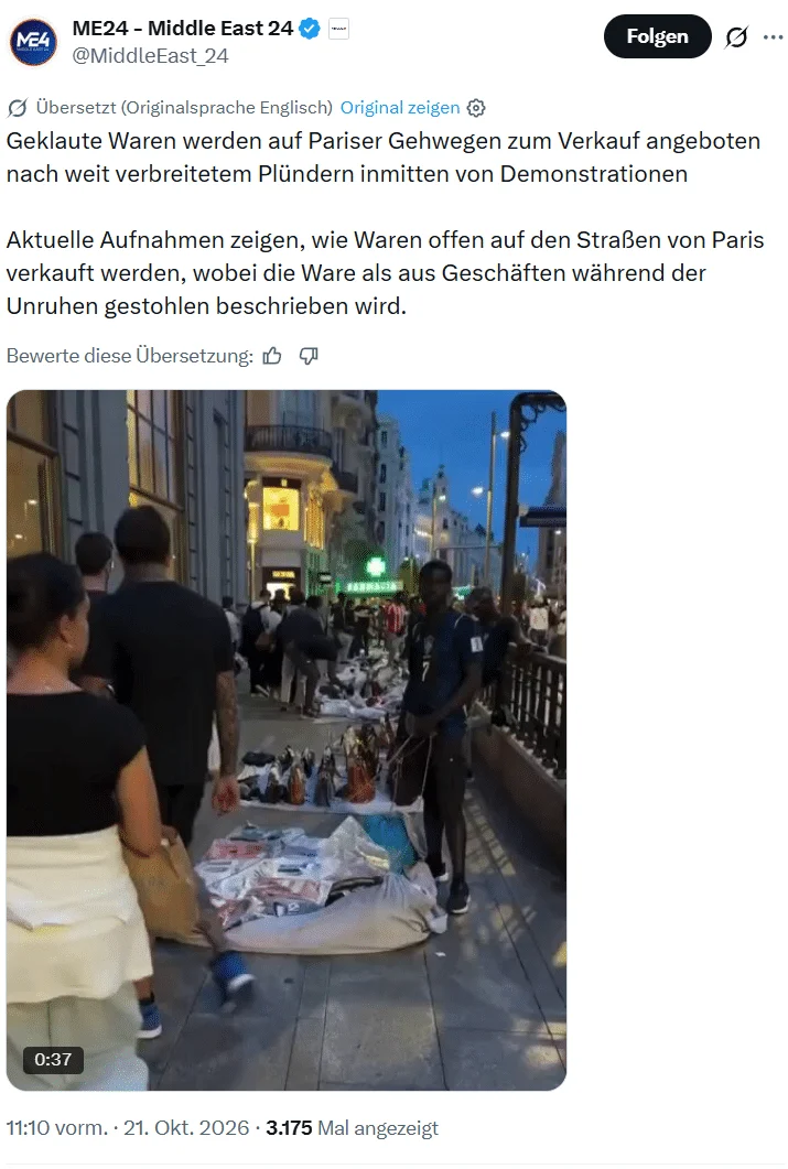 X-Beitrag von Middle East 24 mit Paris-Behauptung und Straßenhändlern im eingebetteten Video