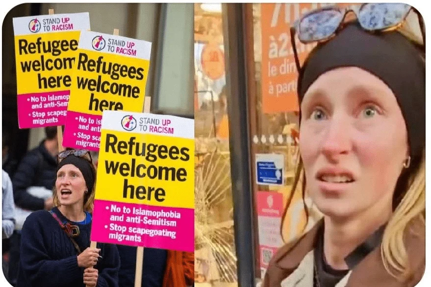 Verbreitete Bildcollage: links das manipulierte Demonstrationsfoto, rechts die Frau aus der echten Szene vor dem Pariser Supermarkt