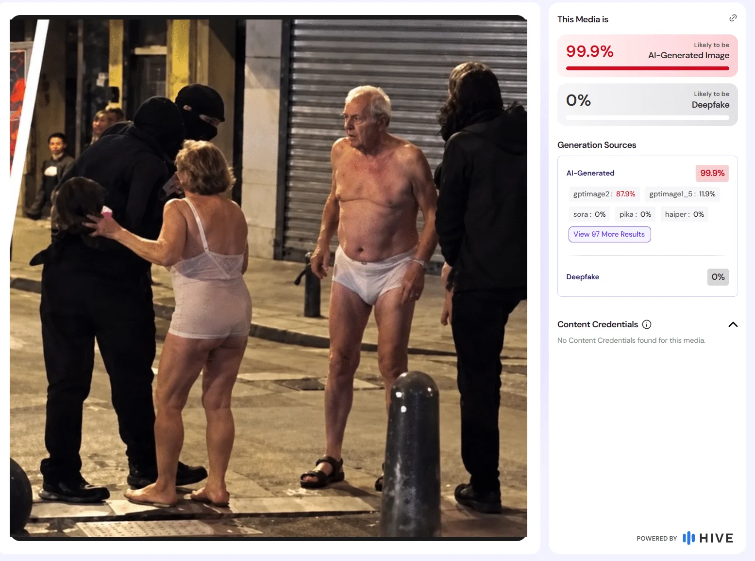 Hive-Screenshot mit demselben Motiv und einer Anzeige von 99,9 Prozent als wahrscheinlich KI-generiert