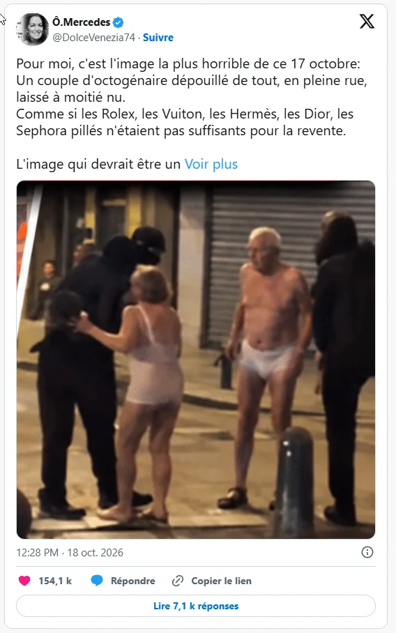 X-Beitrag mit zwei älteren Menschen in Unterwäsche und der Behauptung eines Überfalls in Paris