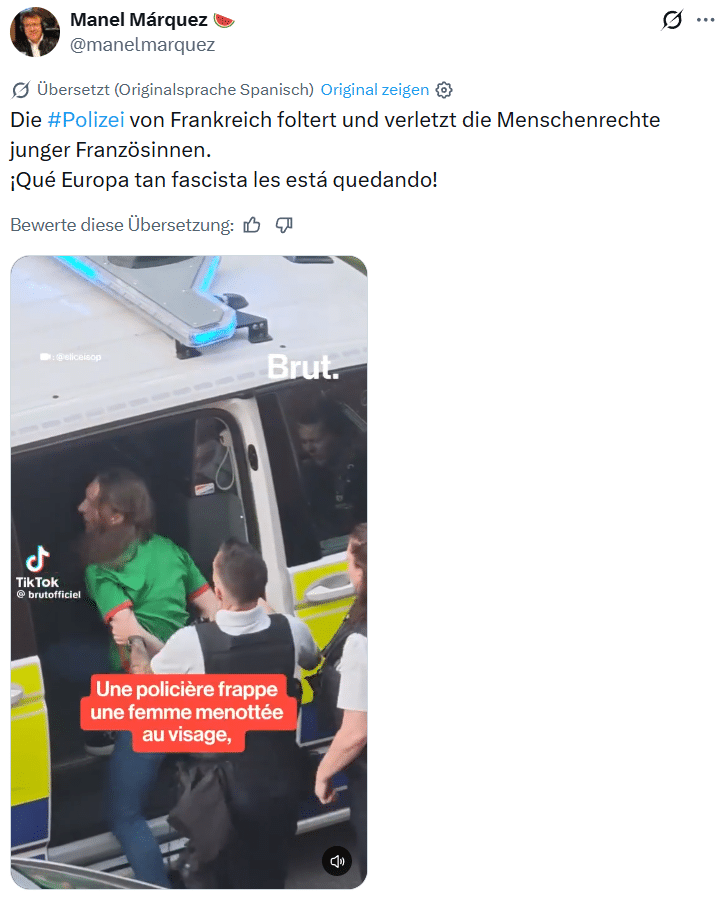 Screenshot eines Beitrags, der ein Video mit einer Frau am Polizeifahrzeug fälschlich Frankreich zuordnet
