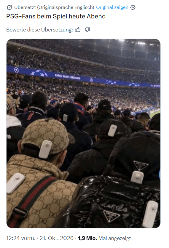 KI-Meme mit angeblichen PSG-Fans und weissen Warensicherungen an Kappen und Jacken
