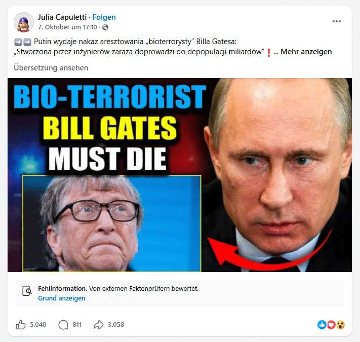 Screenshot eines Facebook-Beitrags mit einer Bildmontage von Putin und Bill Gates sowie einem Fehlinformationshinweis