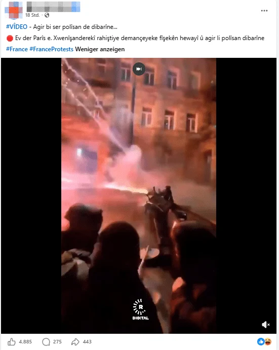 Facebook-Beitrag mit verpixeltem Namen und Profilfoto, der eine Szene mit einer Feuerwerkskanone Paris zuordnet