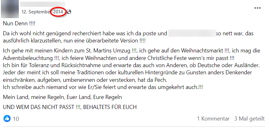 Facebook-Status vom 12. September 2014 über St. Martin, Weihnachtsmärkte und angeblich bedrohte Traditionen
