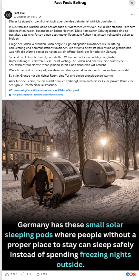 Facebook-Post von Fact Fuel mit rundlichen Schlafkapseln im Schnee