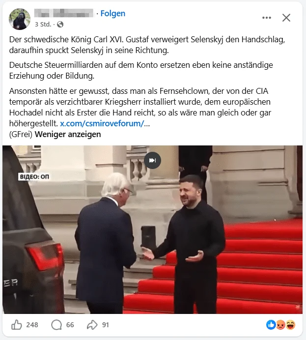 Screenshot eines Facebook-Beitrags mit der Behauptung, Schwedens König habe Selenskyj den Handschlag verweigert und Selenskyj habe daraufhin gespuckt.