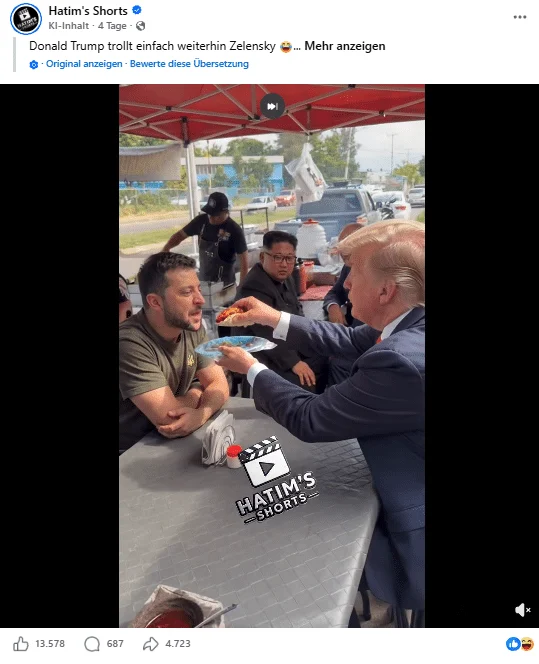 Facebook-Screenshot einer KI-Szene mit Trump und Selenskyj an einem Tacostand