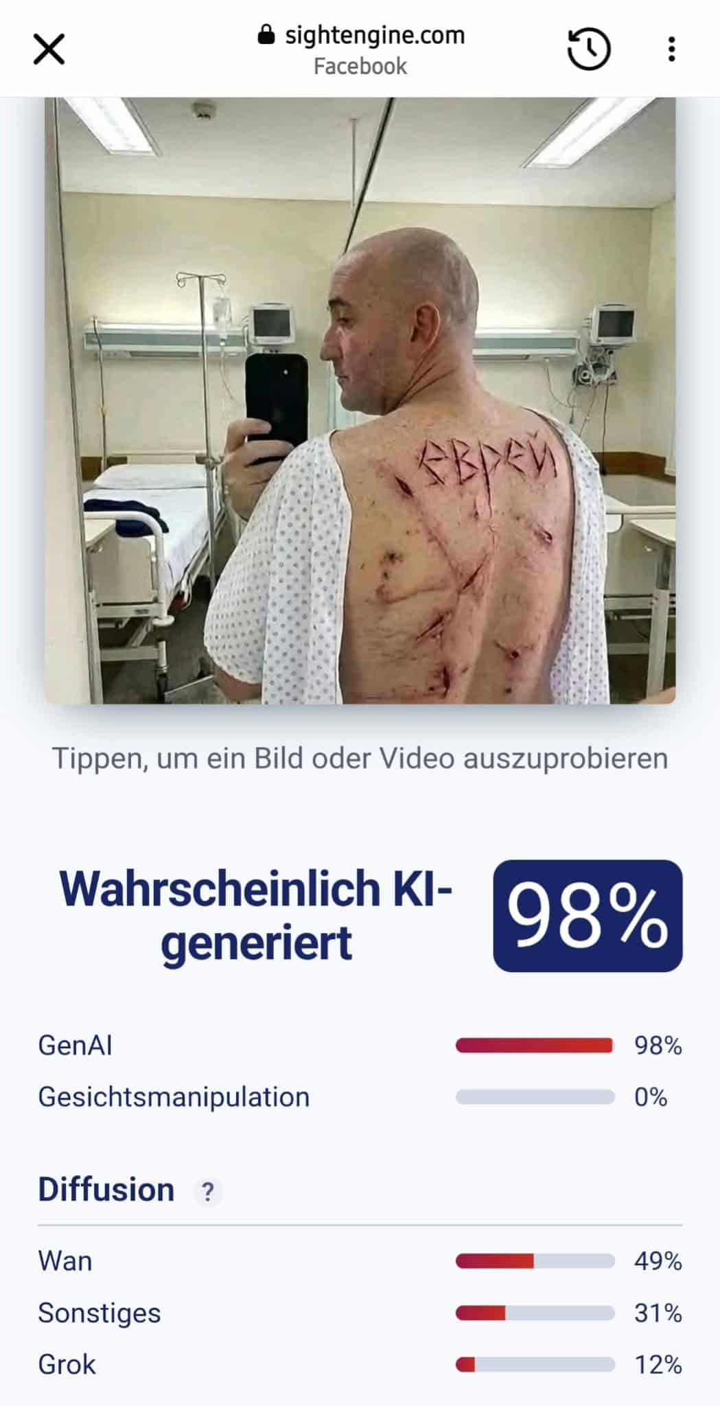 Sightengine-Auswertung des Bildes mit einer Einstufung von 98 Prozent für KI-generierten Inhalt