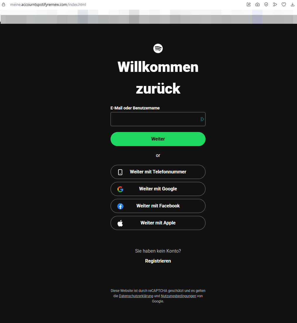 Nachgebaute Spotify-Anmeldung mit fremder Domain in der Browser-Adresszeile