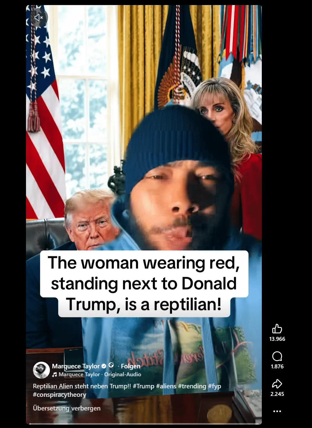 Screenshot eines Facebook-Reels mit der Behauptung, die Frau im roten Kleid neben Donald Trump sei ein Reptiloid