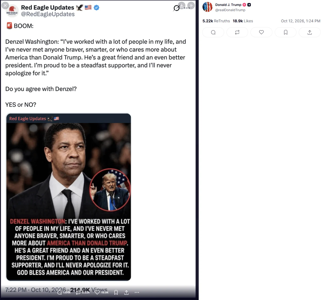 Screenshot von Trumps Truth-Social-Beitrag mit einem Denzel Washington zugeschriebenen Trump-Lob