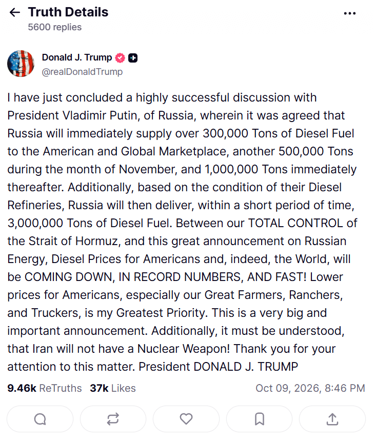 Donald Trumps Truth-Social-Beitrag vom 9. Oktober 2026 über russische Diesellieferungen und rekordartig sinkende Preise