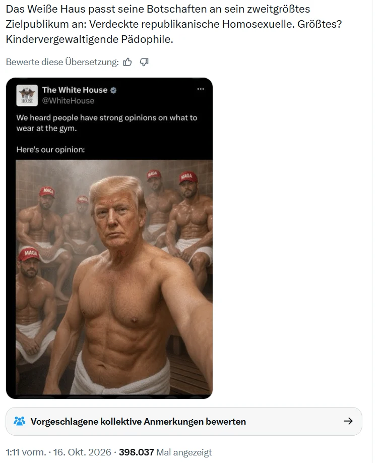 X-Beitrag mit deutschsprachigem Begleittext und nachgeahmtem White-House-Post zum Trump-Saunabild