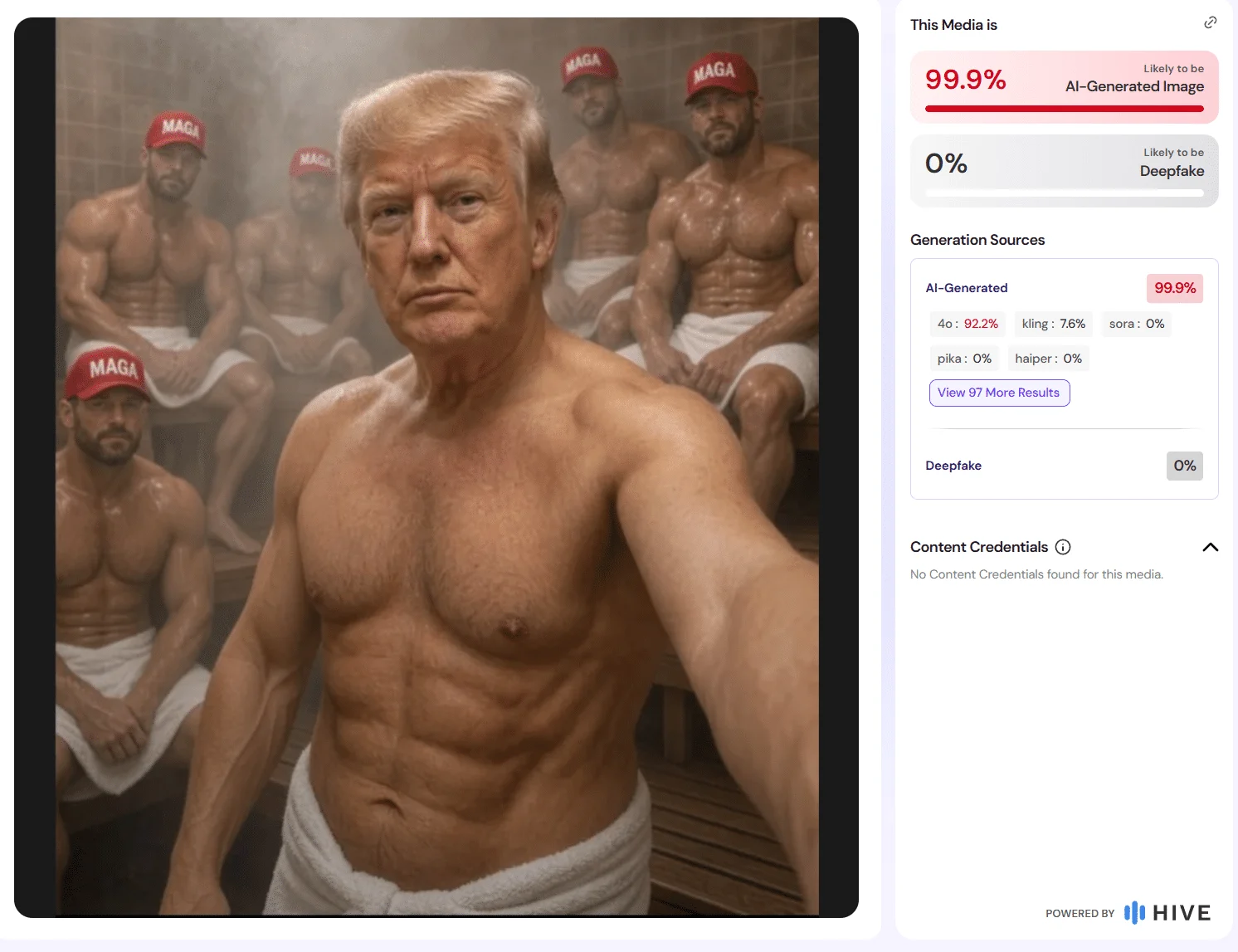 Hive-Auswertung des Trump-Saunabildes mit einem angezeigten Wert von 99,9 Prozent für AI-Generated Image