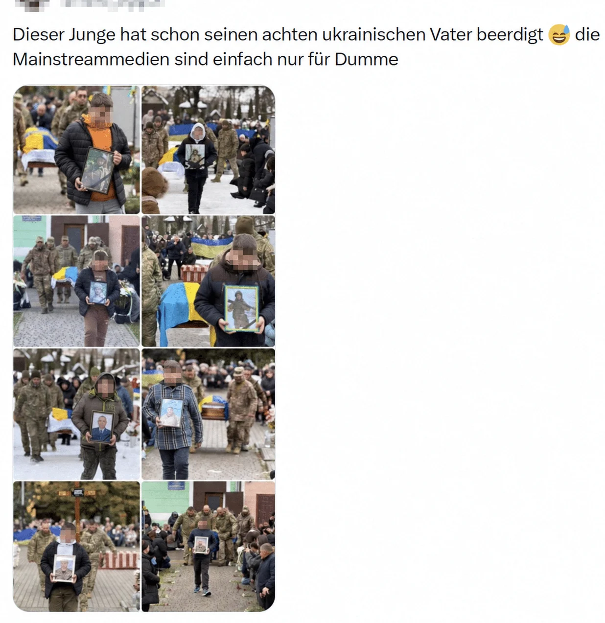 Beitrag mit acht Fotos eines Buben bei Trauerfeiern und der falschen Behauptung vom achten Vater