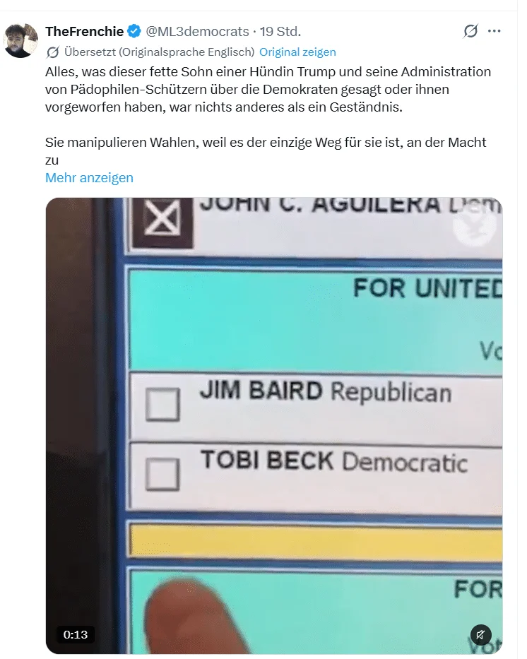 X-Beitrag verbindet das Wahlmaschinenvideo mit einem Manipulationsvorwurf gegen Trump und seine Regierung.