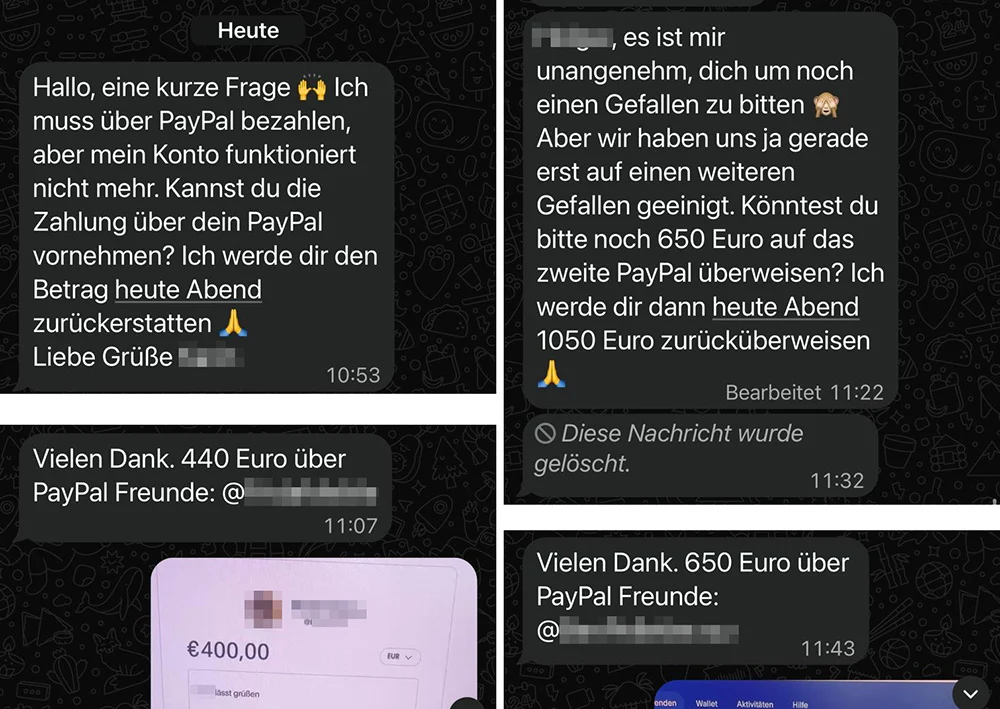 Wenn vermeintliche Freunde um finanzielle Hilfe über PayPal-Freunde bitten, ist Skepsis angesagt | Screenshots: Mimikama