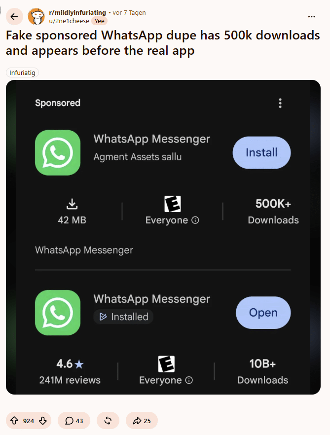 Reddit-Screenshot: WhatsApp-Kopie von Agment Assets sallu als gesponserter Treffer über der bereits installierten Original-App