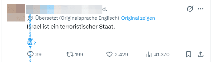 X-Beitrag über Israel mit einem langen blauen Streifen aus Schriftzeichen.