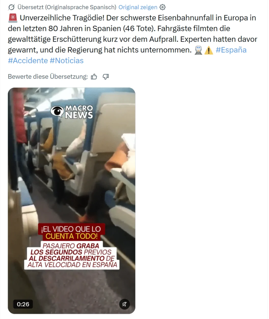 Zugunglück bei Urda in Spanien: Altes Video im falschen Kontext